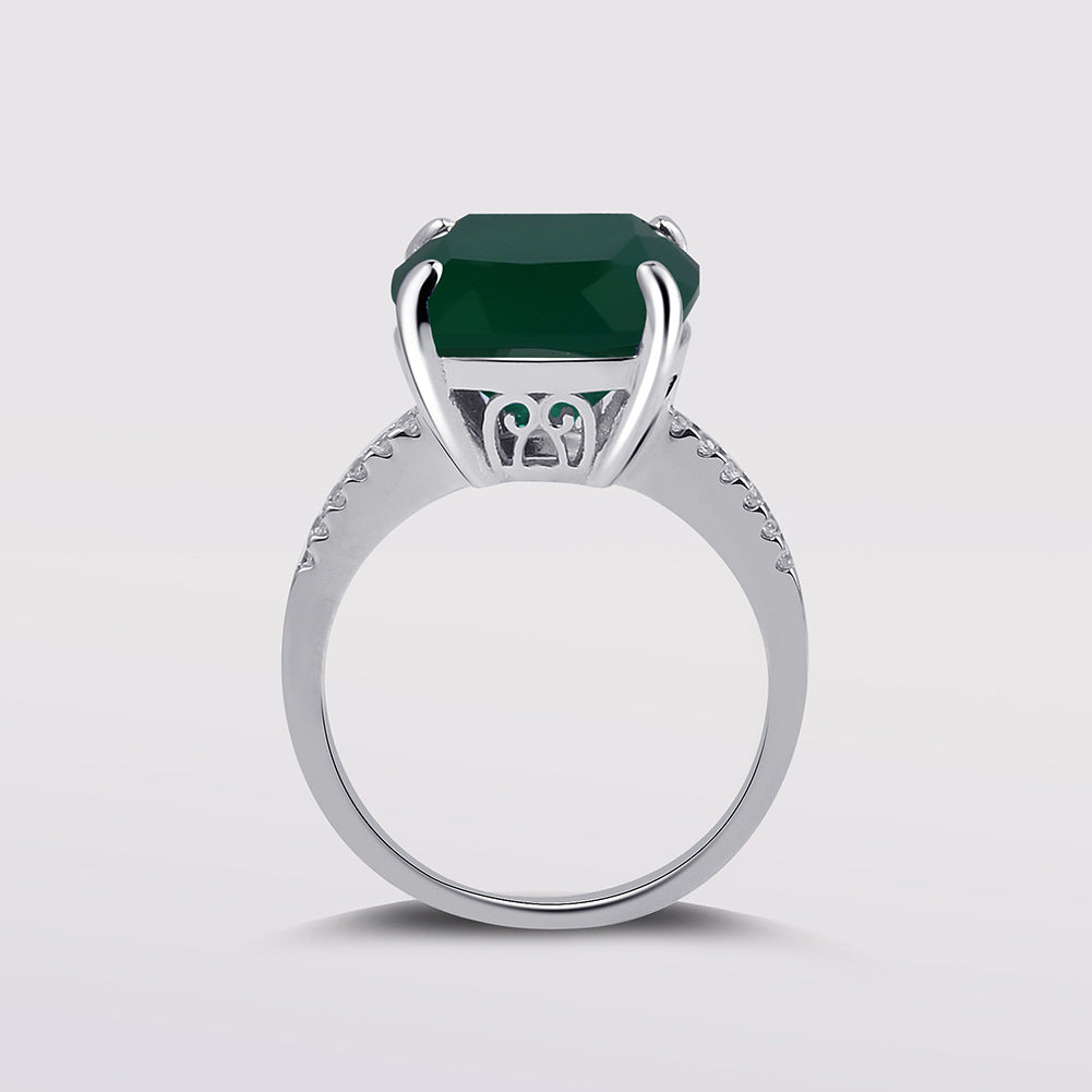 European Natural Green Agate Square Four Prongs Solitaire Sterling Silver Ring for Women