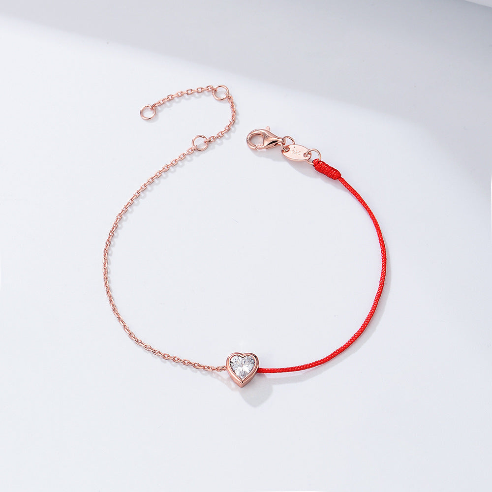 Heart-shaped Zircon Splice Red Rope Silver Bracelet  for Women