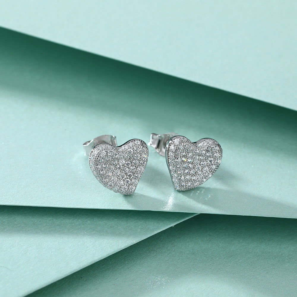 Full Zircon Heart Silver Studs Earrings for Women