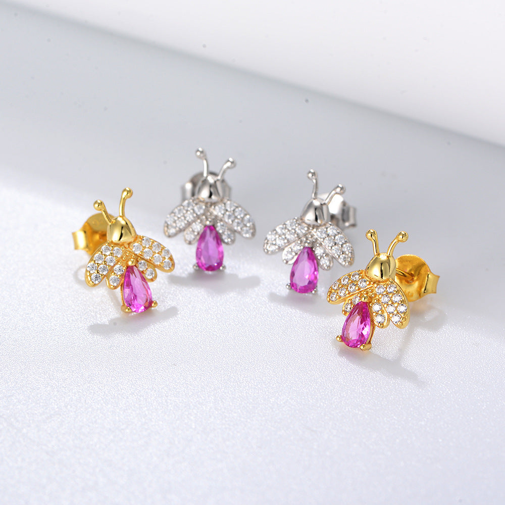 Pink Zircon Bee Silver Studs Earrings for Women