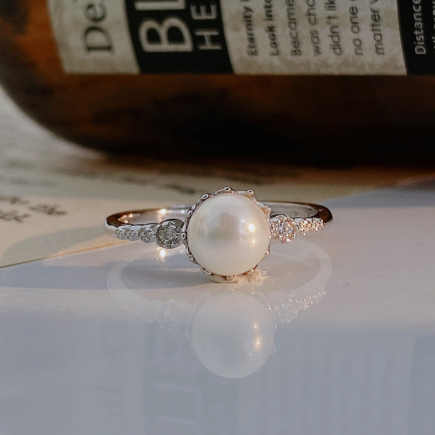 Round Pearl with Zircon Silver Ring