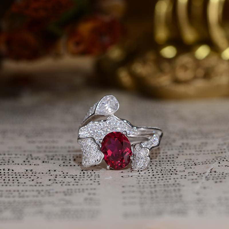 Lab-Created Ruby 7*9mm Oval Ice Cut Waves Luxurious Silver Ring for Women