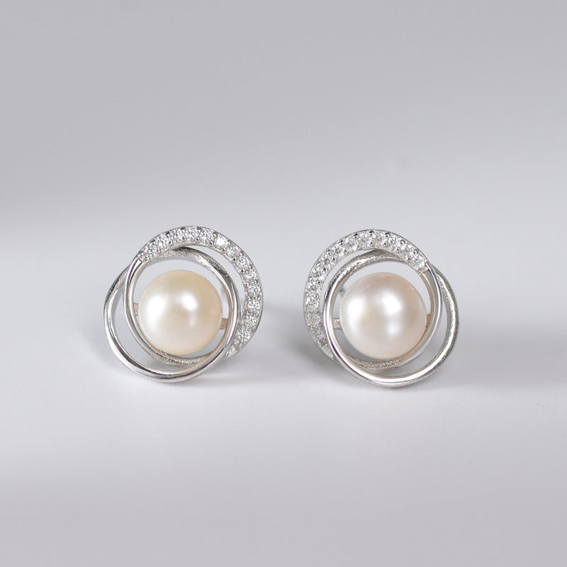 Freshwater Pearl Circling with zircon silver stud earrings for women