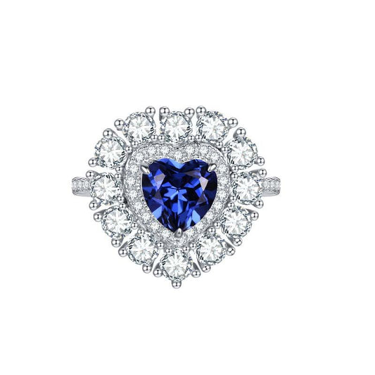 Lab-Created Sapphires 7*7mm Heart Shape Soleste Halo Silver Ring for Women