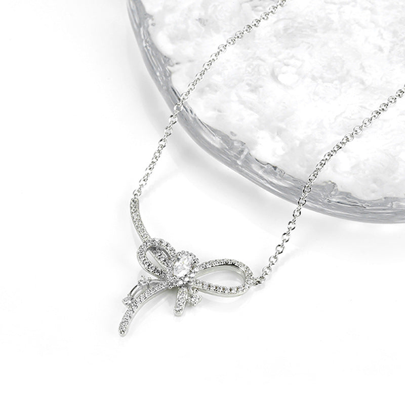 Full Zircon Bow Pendant Silver Necklace for Women