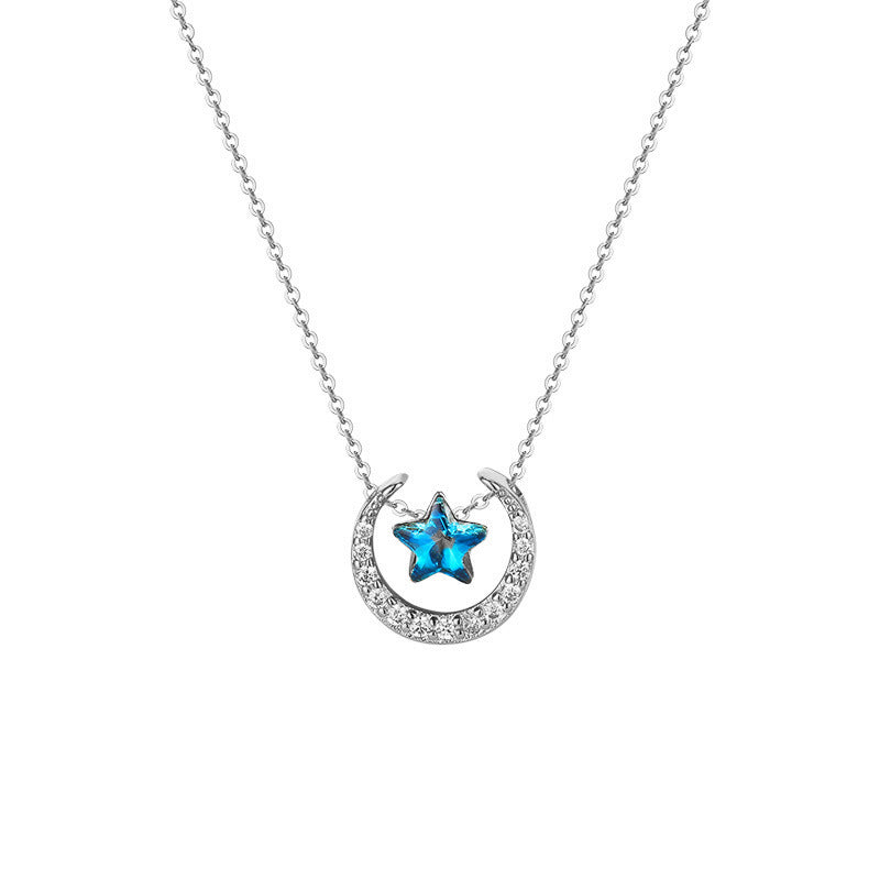 Blue Zircon Star with Moon Silver Necklace for Women