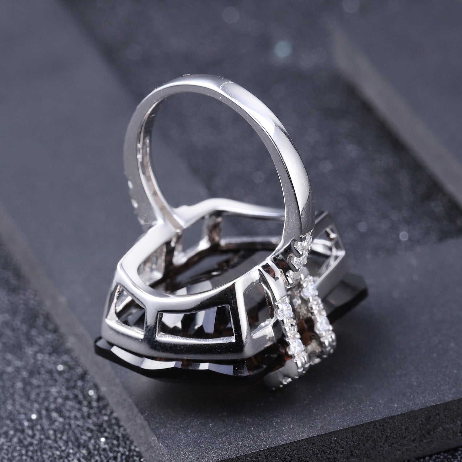 Natural Tea Crystal Special-shaped Silver Ring for Women