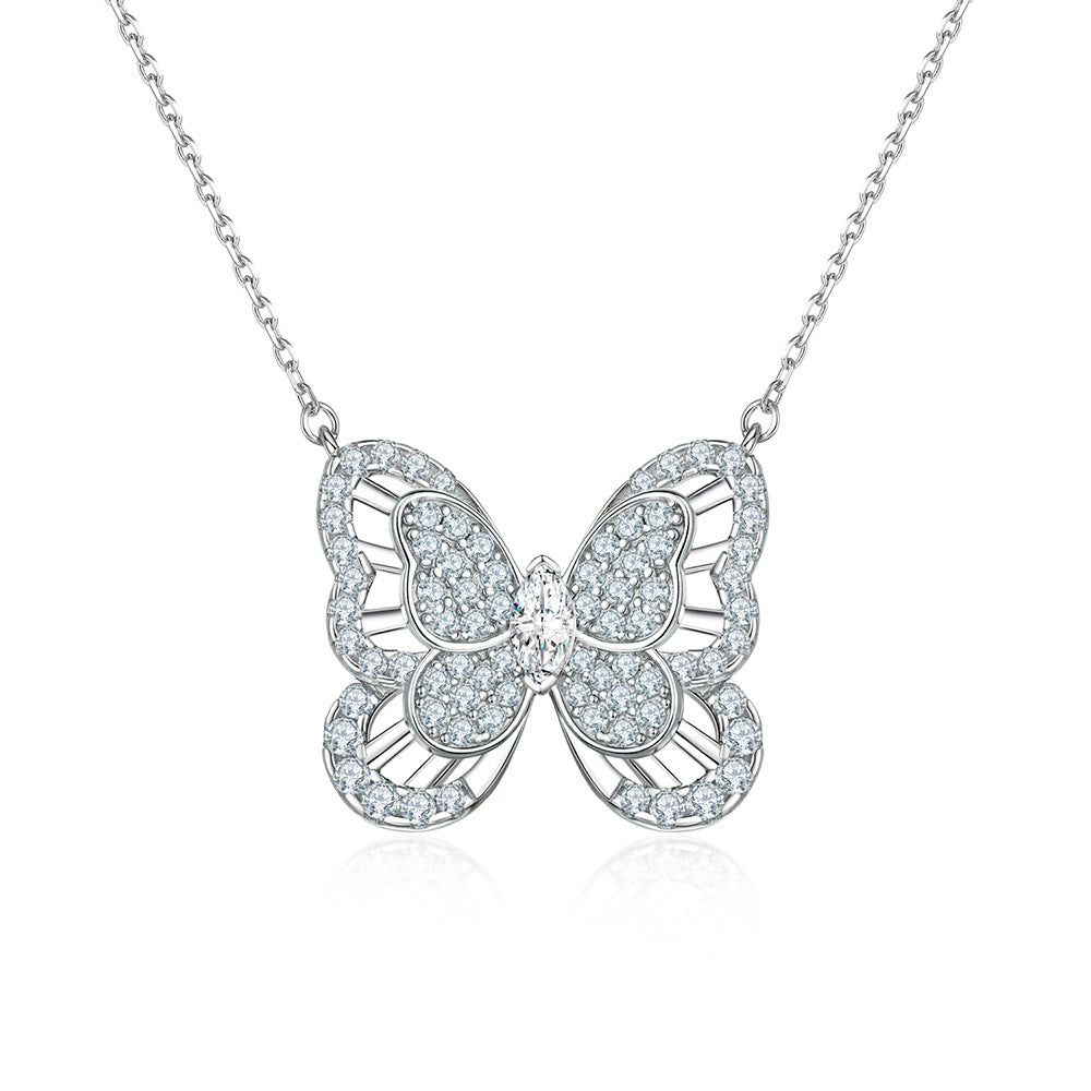 Zircon Hollow Butterfly Pendant Silver Necklace for Women