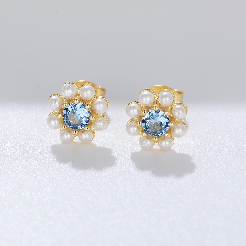 Blue Zircon with Pearl Flower Silver Studs Earrings for Women