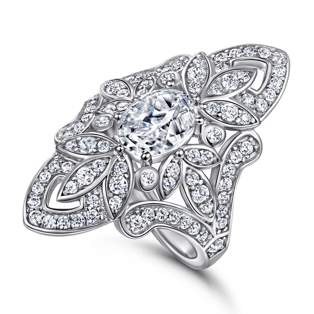 Exaggerated Zircon Flower Silver Ring for Women