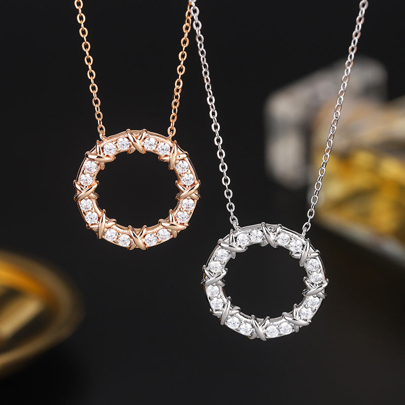 Round Zircon Circle Pendant Silver Necklace for Women