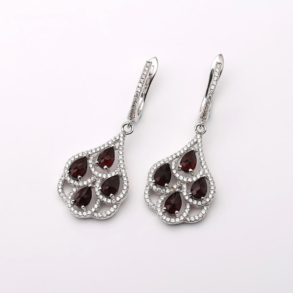 Natural Garnet Luxury Pear Drop Silver Drop Earrings for Women