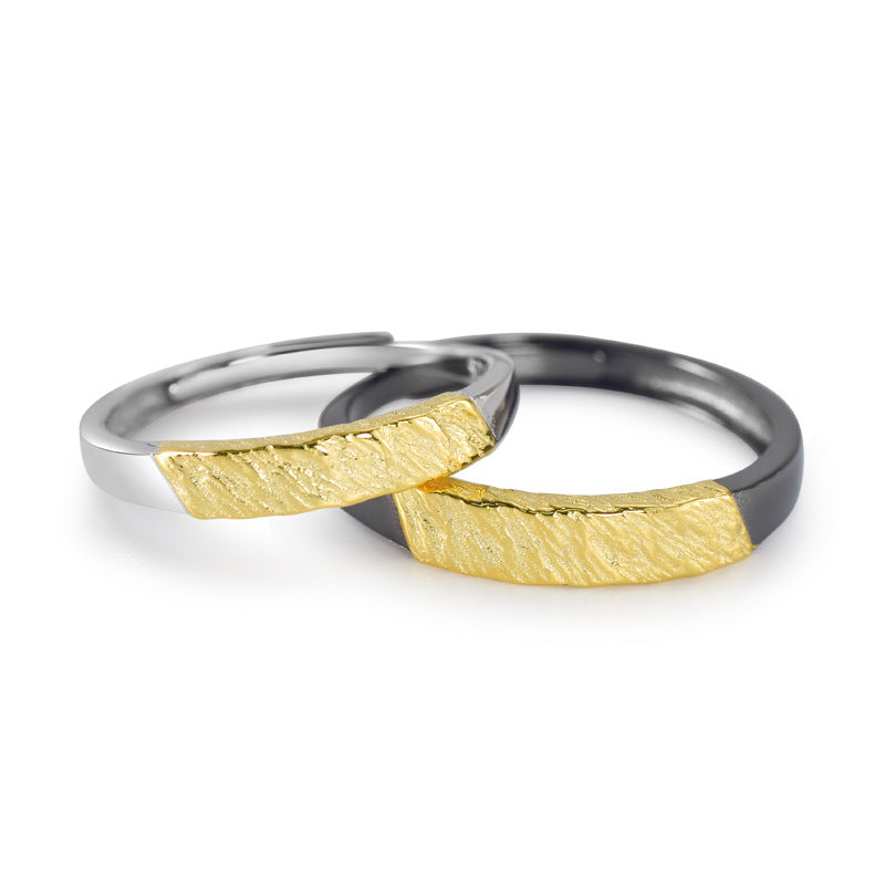 Gold Colour Rock Textured Pleated Silver Couple Ring for Women