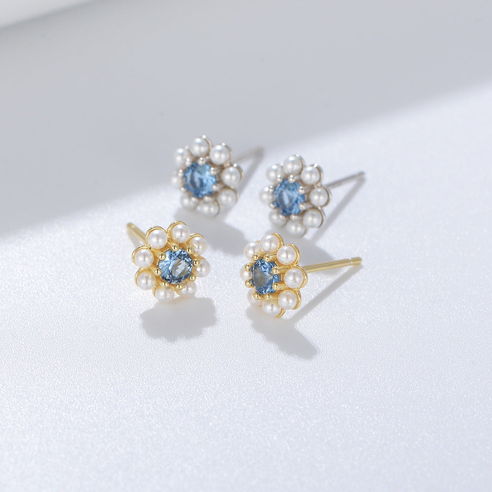 Blue Zircon with Pearl Flower Silver Studs Earrings for Women