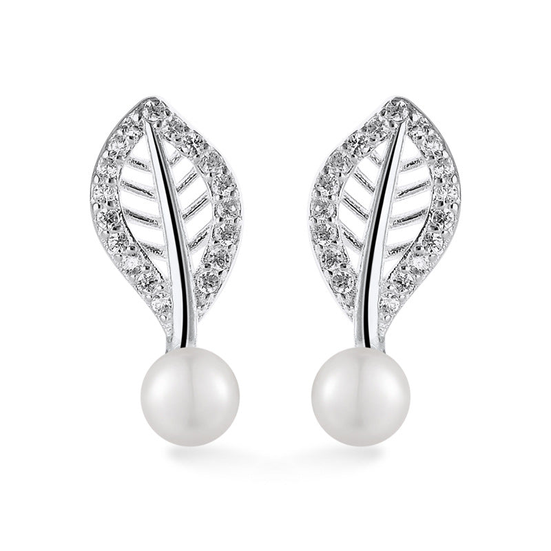 Hollow Zircon Leaf with Freshwater Pearl Silver Stud Earrings for Women