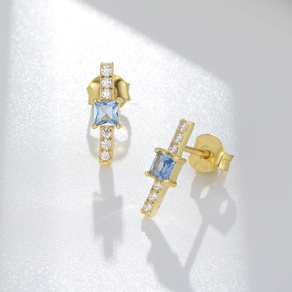 Geometric Square Blue Zircon Silver Studs Earrings for Women