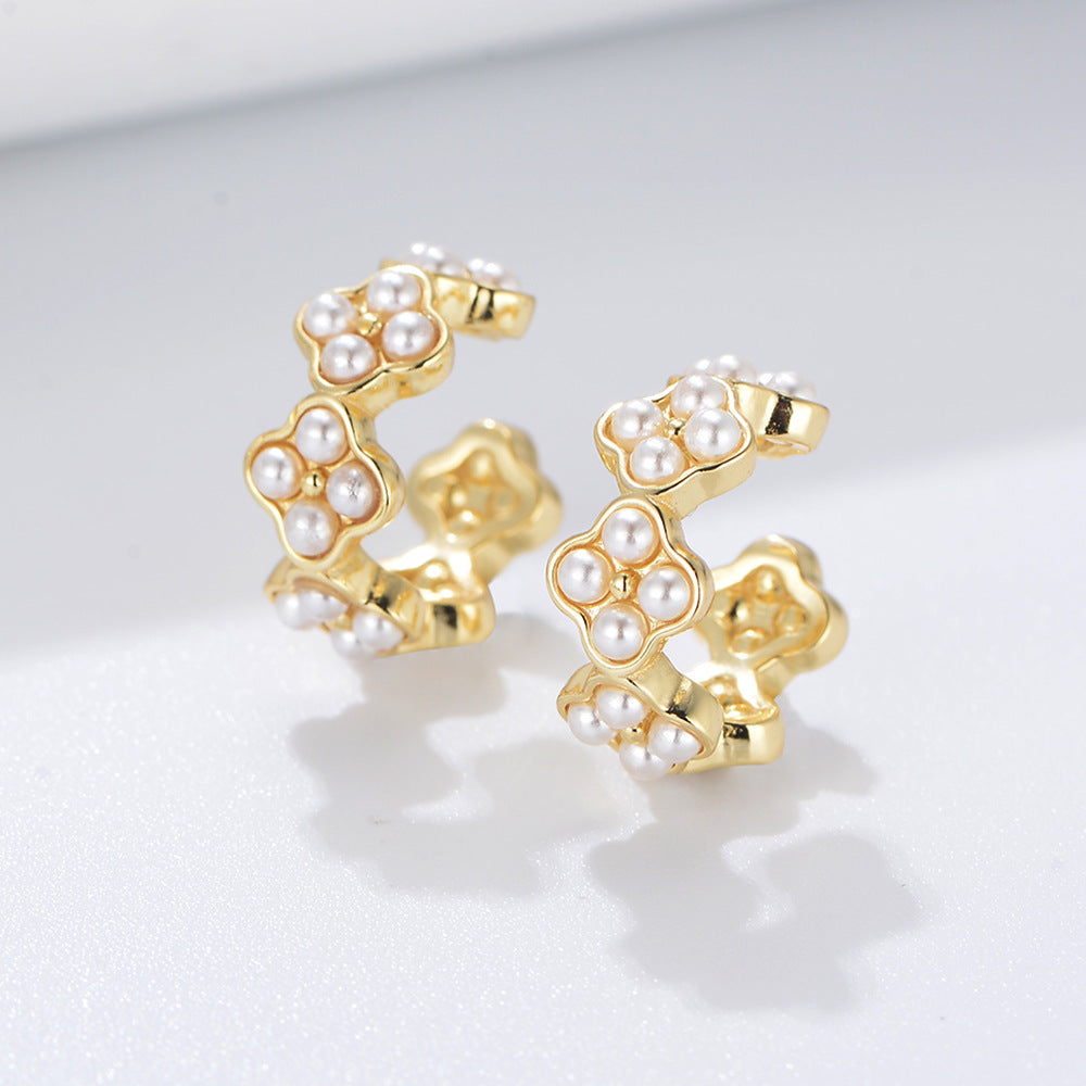 Beading Flower Pearl Silver Ear Bone Clip Earrings for Women