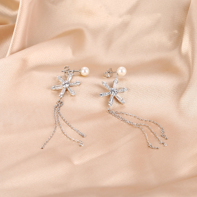 Zircon Six-pointed Star with Pearl Tassel Silver Drop Earrings for Women