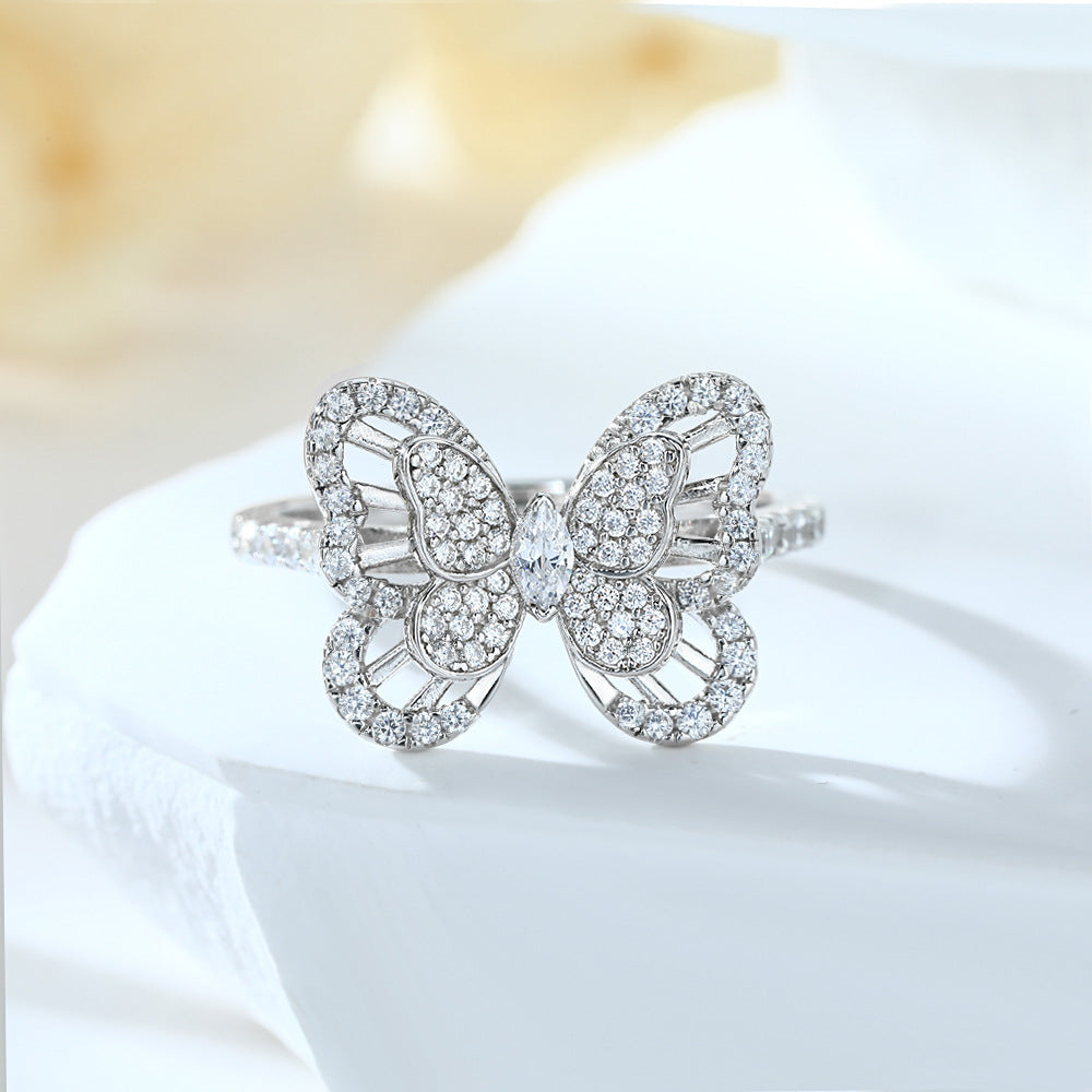 Hollow Zircon Butterfly Silver Ring for Women