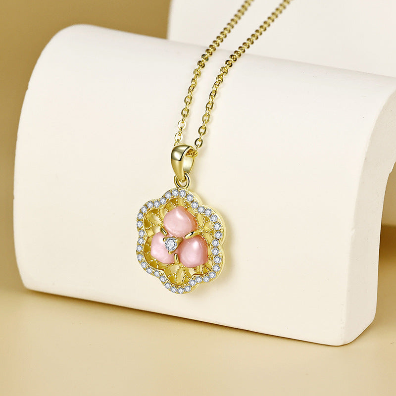 Pink Mother-of-pearl Hollow Flower with Zircon Pendant Silver Necklace for Women