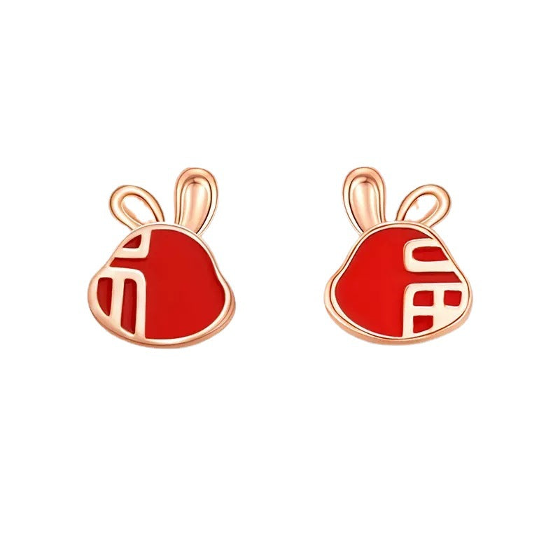 Red Enamel Fortune Rabbit Silver Studs Earrings for Women