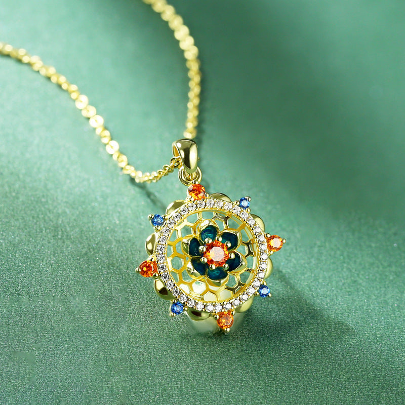 Lotus Pattern Series Colourful Zircon Flower Pendant Silver Necklace for Women