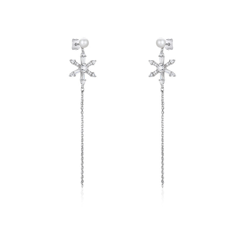 Zircon Six-pointed Star with Pearl Tassel Silver Drop Earrings for Women