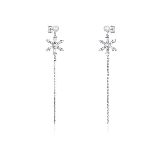 Zircon Six-pointed Star with Pearl Tassel Silver Drop Earrings for Women