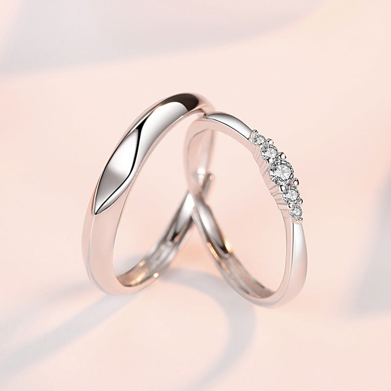 Simple Silver Couple Ring with Zircon