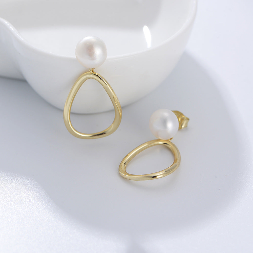 Pearl with Hollow Egg Shape Silver Drop Earrings for Women