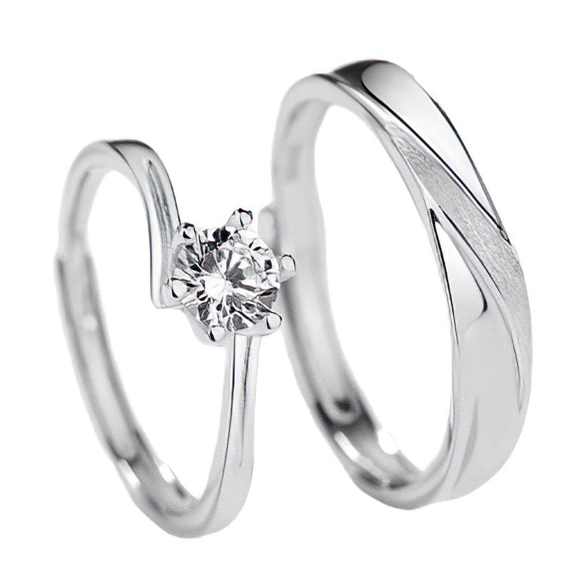 Twill with Round Zircon Silver Couple Ring