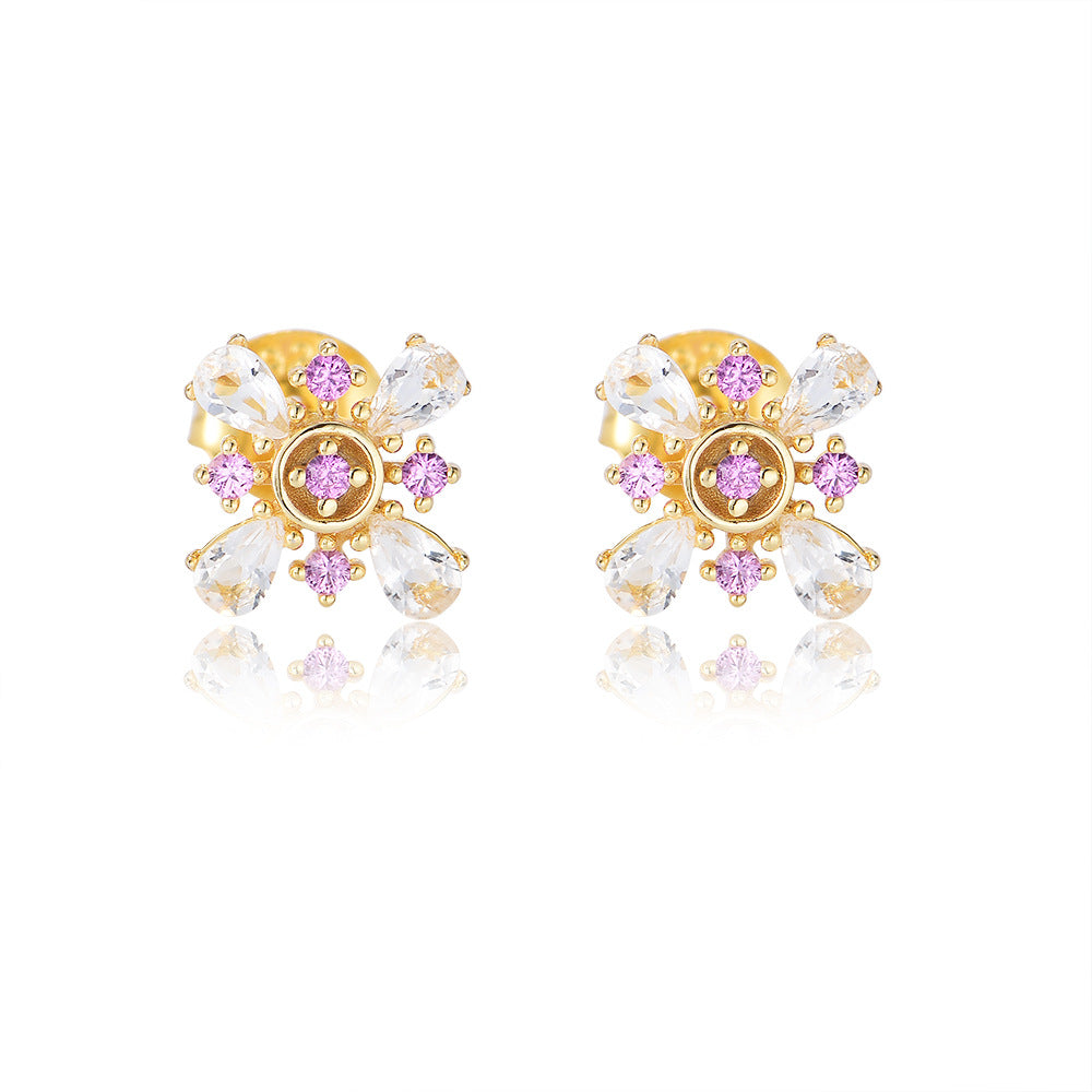 Pink Zircon Petals Silver Studs Earrings for Women