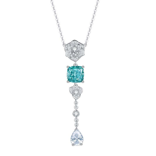Lake Blue Zircon 8*8mm Cushion Ice Cut Camellia Silver Water Drop Pendants Necklace for Women