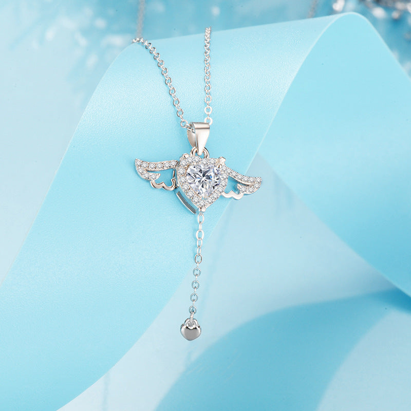 (Two Colours) Zircon Cubitt Heart with Active Wings Pendants 925 Silver Collarbone Necklace for Women