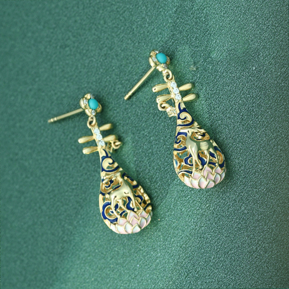 Deer Pipa with Turquoise and Zircon Silver Drop Earrings for Women