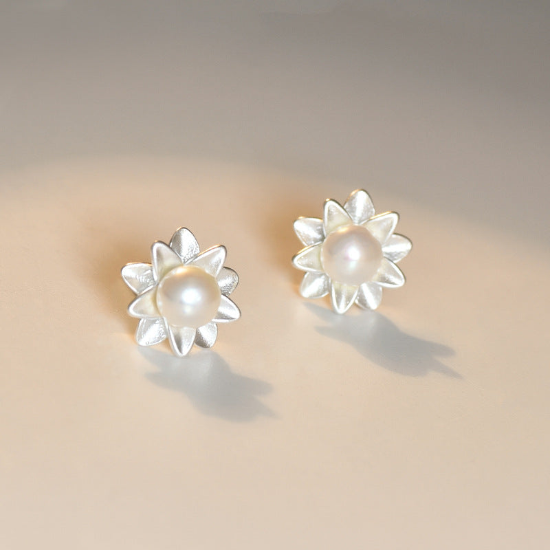 Frosting Flower with Freshwater Pearl Silver Stud Earrings for Women