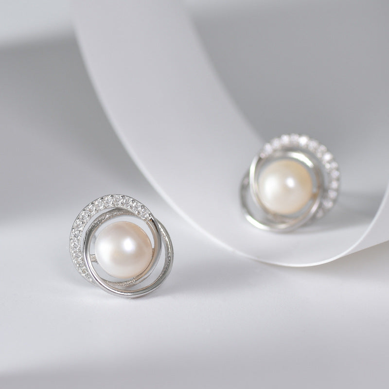 Freshwater Pearl Circling with zircon silver stud earrings for women