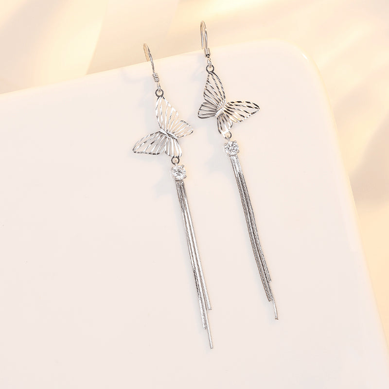 Hollow Butterfly with Zircon Tassel Earline Silver Drop Earrings for Women