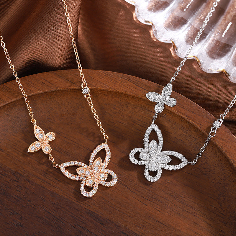 Hollow Double Butterfly with Zircon Silver Necklace for Women