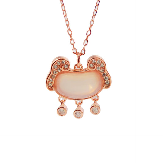 Chalcedony with Zircon Fortune Lock Pendant Silver Necklace for Women