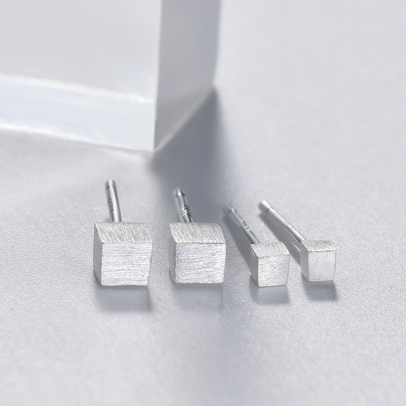 Small Brushed Cube Silver Stud Earrings for Women