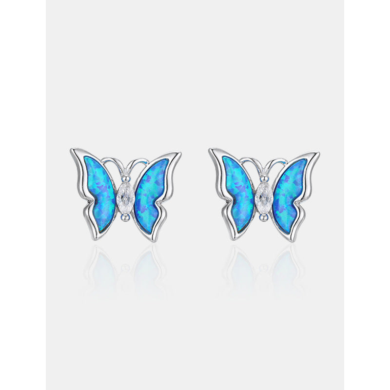 Blue Opal Stone with Marquise Zircon Butterfly Silver Studs Earrings for Women