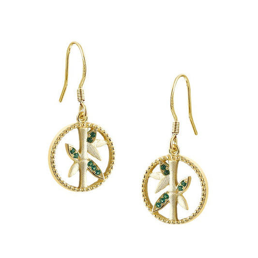 Green Zircon Bamboo Hollow Circle Silver Drop Earrings for Women