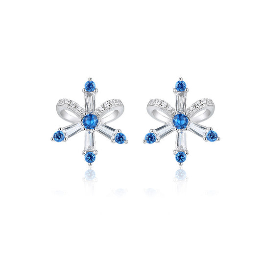 Snowflake Bow with Blue Zircon Silver Studs Earrings for Women