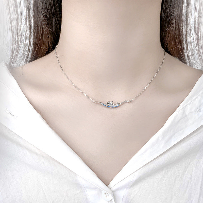 Swimming Dolphin with Blue Zircon Silver Necklace for Women