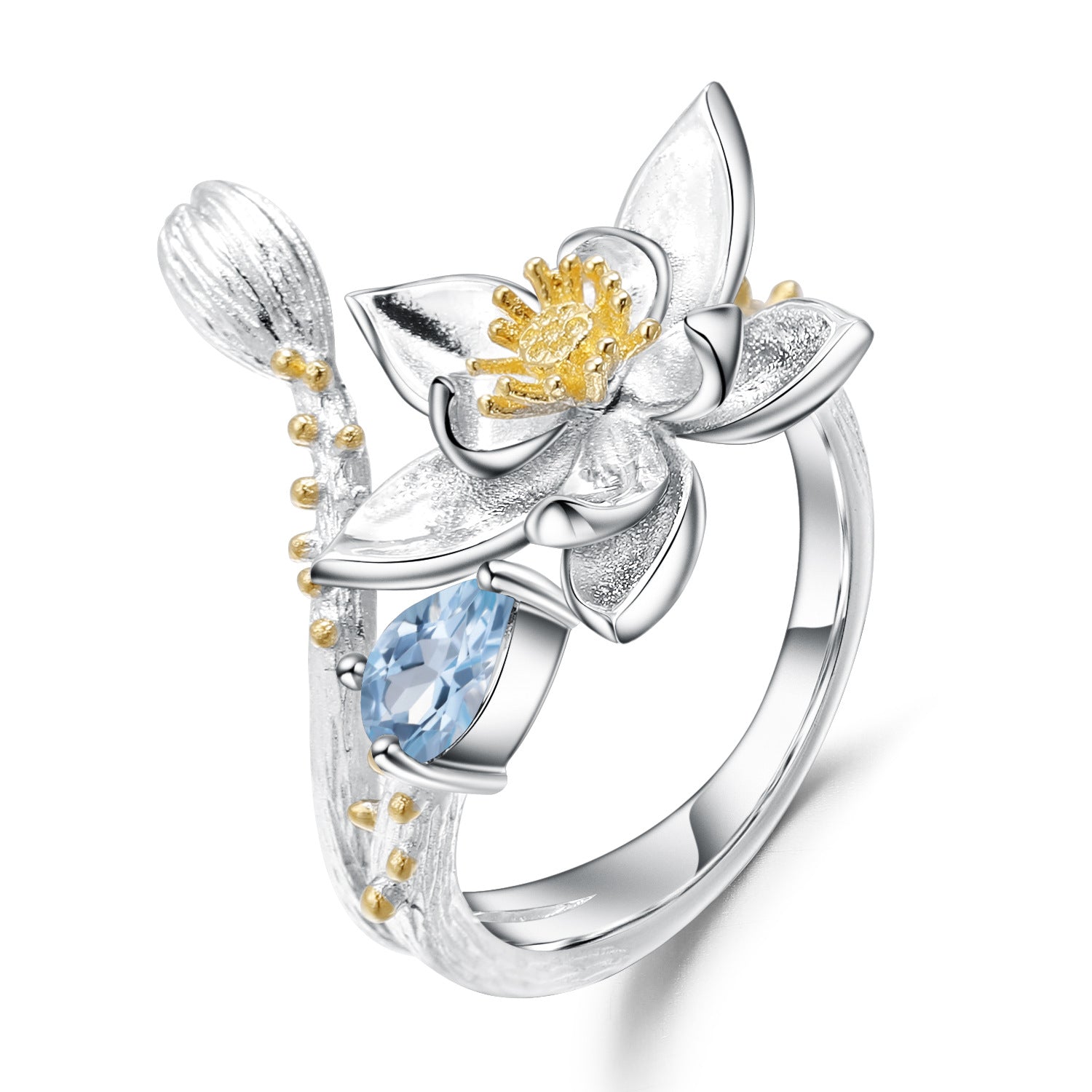 Floral Design with Natural Gem S925 Silver Ring for Women