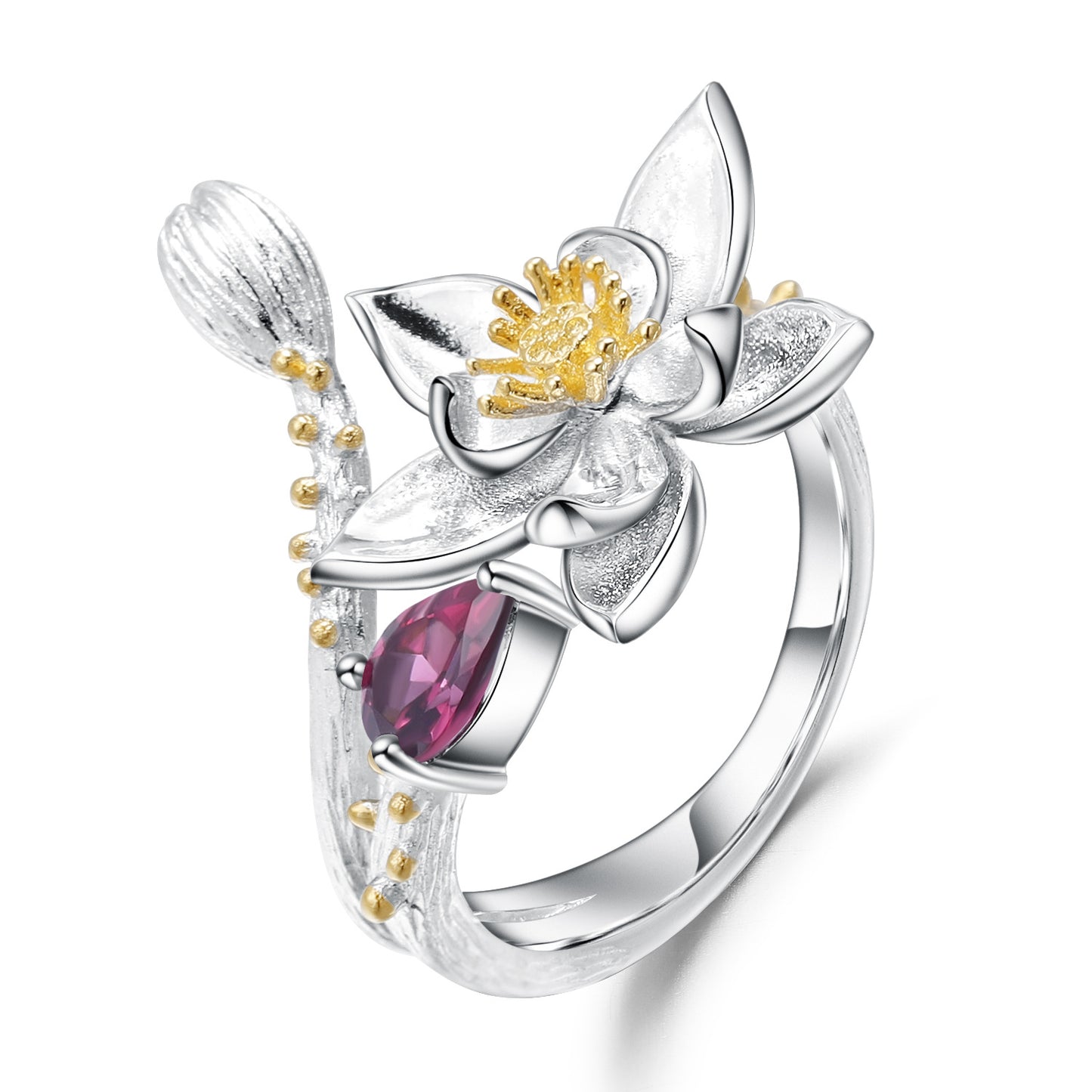 Floral Design with Natural Gem S925 Silver Ring for Women