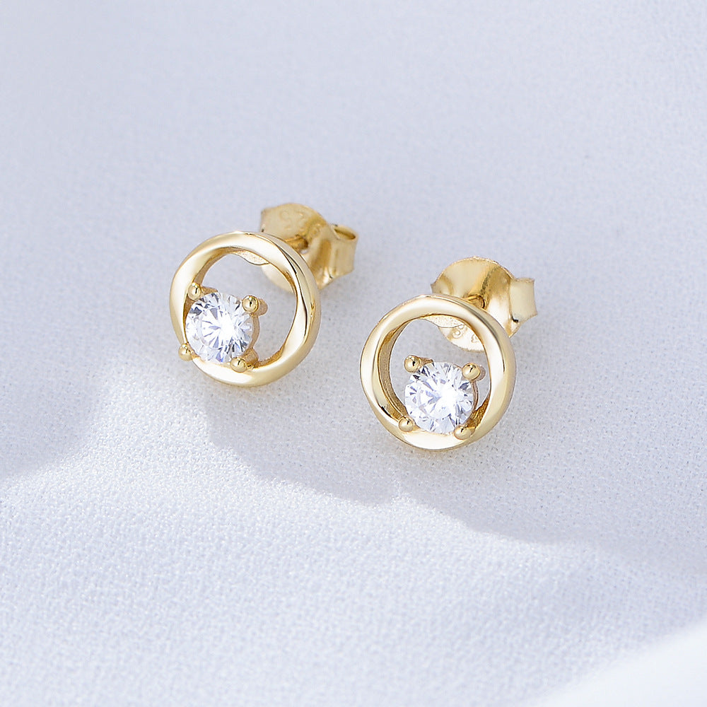 Geometric Hollow Circle with Round Zircon Silver Studs Earrings for Women