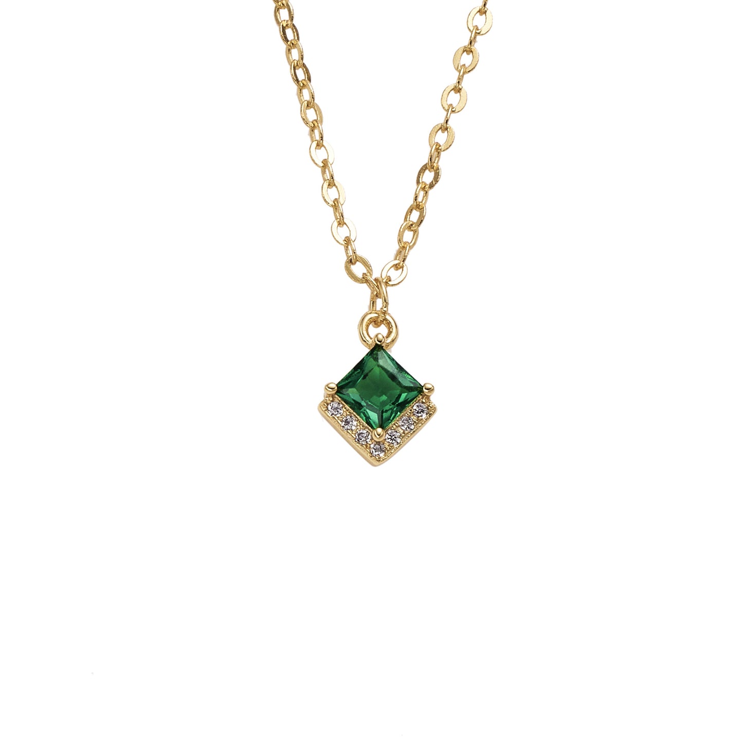 Green Zircon Square Pendant Silver Necklace for Women