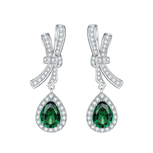 Lab Created Emerald 6*8mm - Platinum Plated - Drop Silver Earring for Women